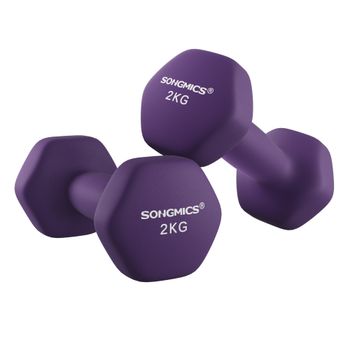 SONGMICS Juego de 2 mancuernas, mancuernas hexagonales, revestimiento de neopreno, entrenamiento de fuerza, entrenamiento, fitness, para casa, Violeta/Verde Lima/Azul Pálido/Morado