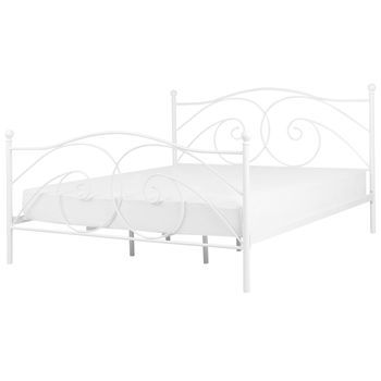 Cama Con Somier De Metal Blanco Con Marco Decorado 180 X 200 Cm Estilo Moderno Y Minimalista Dinard