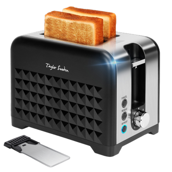 Taylor Swoden Crusty - Tostadora 2 Ranuras cortas extraanchas, 8 Ajustes, Función Recalentar, Descongelar y Cancelar, Bandeja Recogemigas, Almacenamiento de cables, 930 W, Carcasa con textura de diamante/Negro