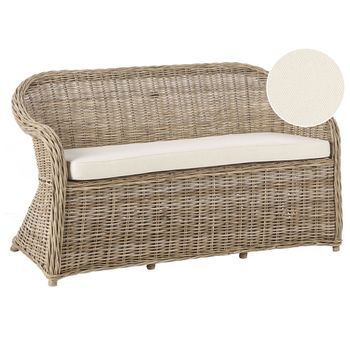 Banco Boho Para Jardín Interior Y Exterior 150 Cm Ratán Cojines De Tela Blanco Crema Natural Susua
