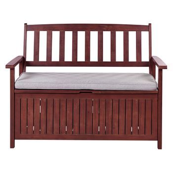Banco De Jardín Con Almacenaje De Madera Maciza De Acacia 2 Plazas 120 Cm Rojo Oscuro Con Cojín Gris Sovana