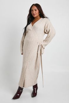 Vestido Jersey Plus Cruzado De Canalé Mixto, Beige