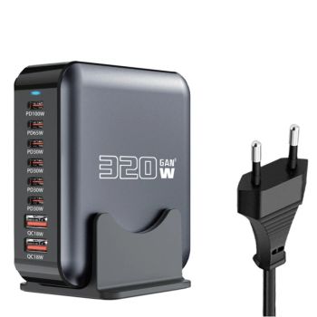 [GaN Tech] Cargador Bakeey de 320W con 8 puertos USB PD 2USB-A+6USB-C PD2.0 QC SCP FCR AFC Carga rápida Apple2.4 Estació