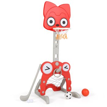 Costway Canasta de Baloncesto Infantil Multijuego Altura Ajustable Diseño de Zorro para Niños 3+ Años Interior y Exterior 53 x 54 x 118-148 cm Rojo