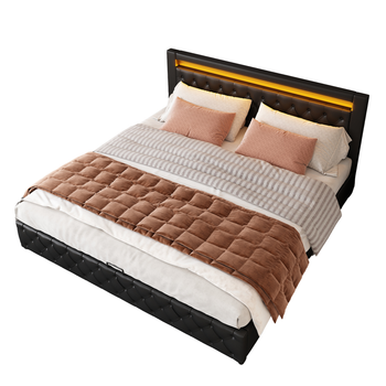 Cama Tapizada De 180x200 Cm - Cama Doble Con Iluminación Led - Con Función De Almacenaje - Pu Negro