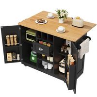 isla de cocina negra con ruedas carrito de cocina con botellero encimera abatible 1 cajon y 2 puertas 140x70x935 cm mdf y metal negro