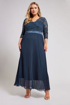Yours London Vestido Largo Azul Marino Plisado Con Encaje, Mujer Curvy Y Tallas Grandes, Yours London