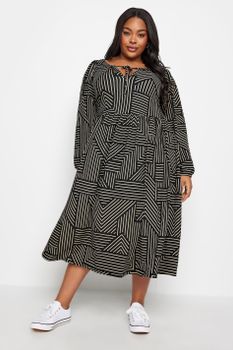 Yours Vestido Negro De Estampado De Líneas, Mujer Curvy Y Tallas Grandes, Yours