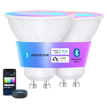 Aigostar Mesh- Bombilla inteligente Bluetooth Mesh, GU10. 2700K-6500K y RGB regulable, 6.5W, 555 lumens. Bombilla LED inteligente compatible con Alexa y Google Home. 2Uds