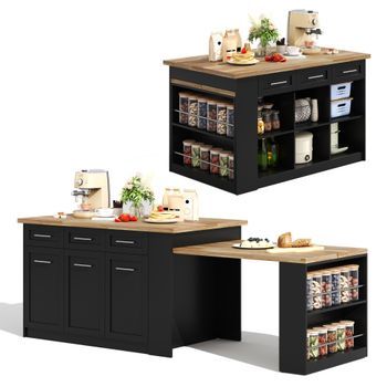 Isla De Cocina Multifuncional Con Mesa De Comedor Extraíble, 150x90x90 Cm, Madera, Negro