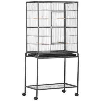 PawHut Pajarera Metálica con Ruedas 81x48x162,5 cm con Perchas Comederos Estante Espaciosa para Aves Negro y Gris   Aosom España