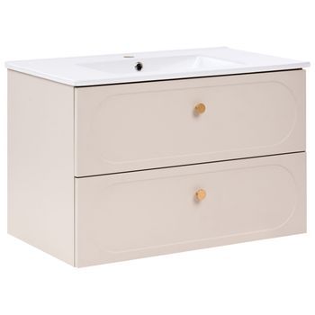 Mueble De Pared Para Baño Con Lavabo 2 Cajones Tiradores Dorados Mueble Suspendido Beige Tarumir