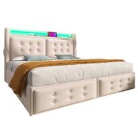 cama individual de 180 x 200 cm - con cabecero led y puerto usb-c - con almacenaje hidraulico - en madera - beige