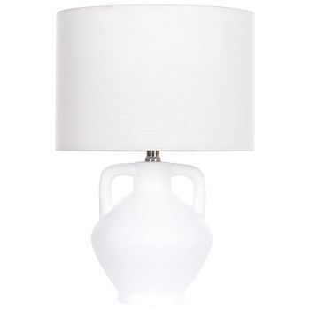Lámpara De Cerámica De Mesa Con Pantalla De Tambor De Lino Base Minimalista Blanca Labrada