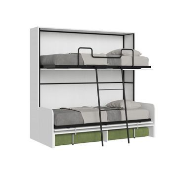 Cama Doble Abatible Kando Con Sofá Y Colchones De Fresno Blanco, Color Verde