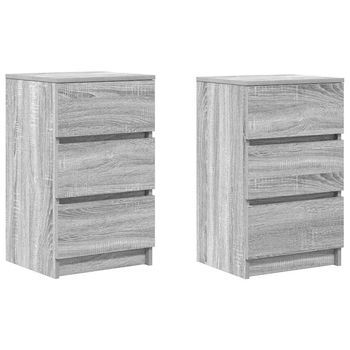 Pack 2 Uds Mesillas De Noche | Mesita De Noche Con 3 Cajones Gris Sonoma 39x35x65 Cm