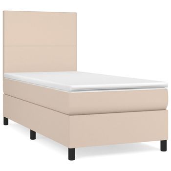 Cama Individual | Cama Para Adulto | Cama Box Spring Con Colchón Cuero Sintético Capuchino 90x190 Cm