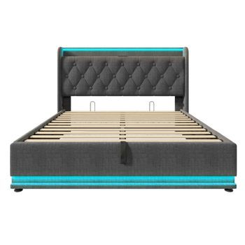 Cama Con Almacenaje De Lino 160x200cm Con Led Y Enchufes Usb Y Tipo C Gris