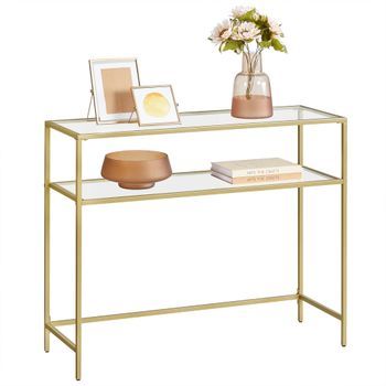 Mesa De Consola De Cristal Templado Y Metal Dorado 2 Niveles