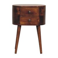 mesita de noche pequena y redonda de madera maciza estilo artesanal color castano