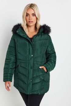 Yours Abrigo Verde Pino Acolchado Con Cuello Alzado, Mujer Curvy Y Tallas Grandes, Yours