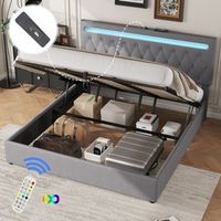 cama contenedor 180 x 200 cm con cabecero - toma usb y led - tela de lino - color gris