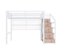 cama alta 140x200cm - estructura metalica armario escalera con almacenamiento rejilla para colgar objetos espacio libre debajo luces led multicolores - blanco