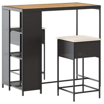 Juego De Bar De Jardín De 3 Piezas | Mueble De Jardín Con Cojines Ratán Pe Negro