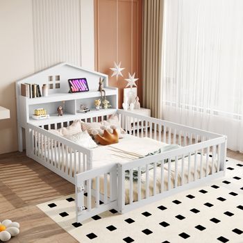 Cama Infantil 140 X 200 Con Rejilla Protectora Y Puerta - Madera Maciza - Estantes Y Almacenaje - Blanco