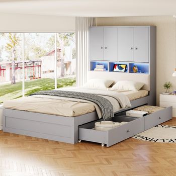Cama Individual 90x200 De Madera Gris Con Cajones, Led Y Enchufe