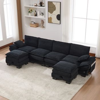 Canapé Modular 4 Plazas Con 2 Poufs En Pana Negra, Función Usb, Bolsillos Laterales, Asiento Amplio, Cómodo Y Moderno