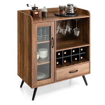 Costway Armario de Vino Gabinete de Licor con Puerta Cajón Almacenamiento Estante de Vino y Portavasos para Cocina Marrón Bar 80 x 40 x 95 cm Marrón