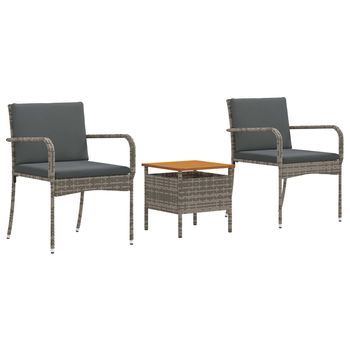 Juego Bistro De Jardín Con Cojín 3 Piezas | Mueble De Jardín Gris Ratán Sintético