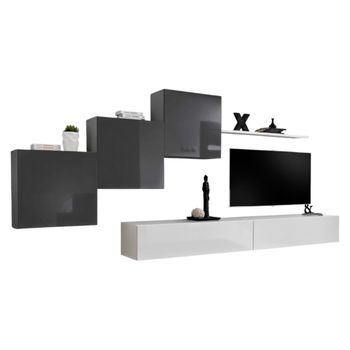 Conjunto De Muebles Para Salón Mural Switch X, Diseño En Colores Blanco Y Gris Brillante.