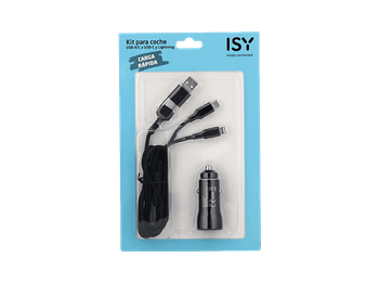 Cargador coche - ISY ICC-5000-CC, Universal, Carga rápida, USB-A/C a USB-C y Lightning, Negro