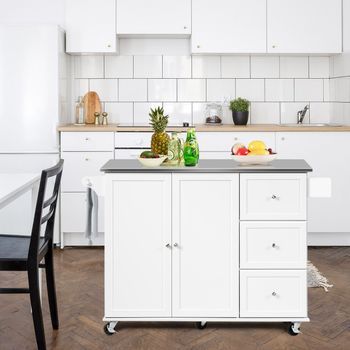 Carrito De Isla De Cocina Con Encimera De Acero Inoxidable Estantes Ajustables Cajones Blanco