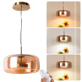 Lámpara Colgante Led Ø38 cm 25w Regulable Con Mando – Cristal Ámbar Y Anillo Metálico – 2700k-6500k – Diseño Moderno
