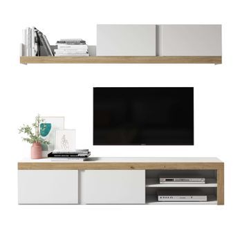 Mueble De Salón Comedor Fly 2 Módulos Color Blanco Y Naturale Estilo Moderno Almacenaje 200x180x40 Cm