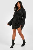 vestido camisero plus plisado con mangas acampanadas y atadura negro
