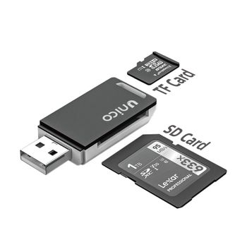Lector de Tarjetas SD y TF USB 2.0 UNICO, Adaptador de Tarjetas de Memoria USB-A de Doble Ranura, Alta Velocidad 480Mbps, Compatible con Tarjetas SD y TF, Windows, Mac, Linux