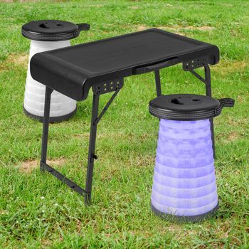 Conjunto De Mesa Plegable Camping Y 2 Taburetes Plegable Telescópico Portátil Con Led Altura Ajustable Para Playa Picnic Barbacoa Negro