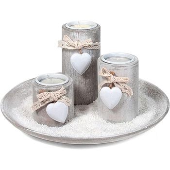 Bandeja de Madera Decora con 3 Portavelas y Corazón - Arena Blanca 24 Cm