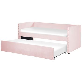 Cama Con Somier De Terciopelo Rosa 90 X 200 Cm Nido Listones Tachuelas Troyes