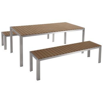 Conjunto De Comedor 6 Plazas De Metal Plateado Madera Clara Cepillado 2 Bancos Nardo