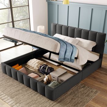 Cama Tapizada Doble 140x200 Cm Lino Gris Cabecero Ajustable Somier Listones Estructura Metálica