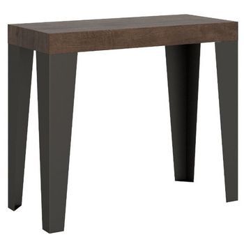 Consola Extensible Diseño Flavio En Madera Y Hierro 90x40/196 O 90x40/300 Cm-color Marrón-soporte 2 Pies-5 Alargaderas Finas