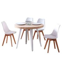conjunto de mesa extensible redonda  con 4 sillas estilo moderno en color roble nordish y blanco