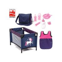 bayer design- juego accesorios para munecos bebe 11 en 1 kit cuna de viaj saco de dormir bolsa bandolera y productos de cuidado color azul rosa con unicornio 61754ac  colormodelo surtido