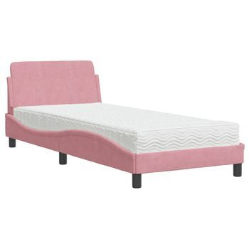 Cama Individual | Cama Para Adultos | Cama Con Colchón Terciopelo Rosa 90x190 Cm