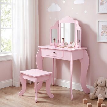 Tocador Infantil Con Taburete Y Espejo Ajustable Rosa Homcom